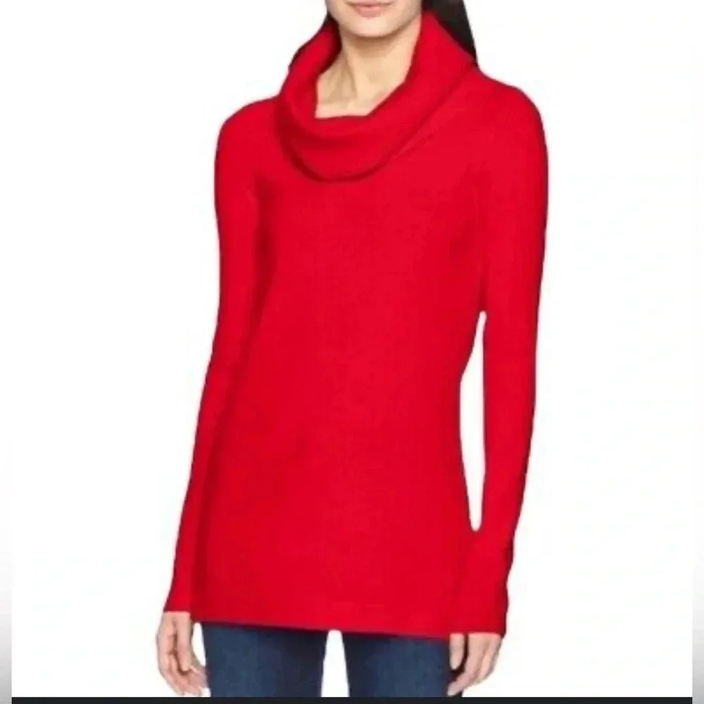 Caslon Nordstrom Women’s Red Ribbed Cowl Turtleneck Cotton Angora Wool Med EUC